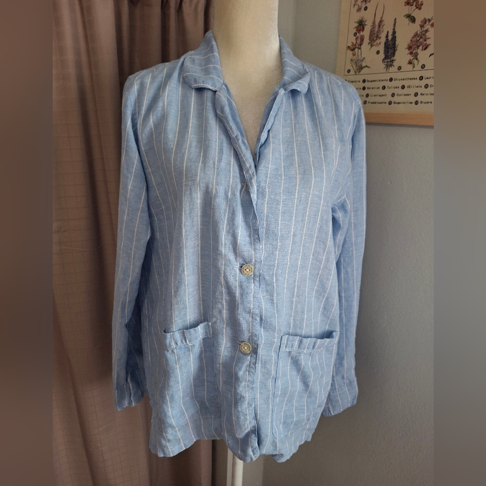 The Sleep Code Linen "Light & Breezy" Pajama Shirt Blue Striped Size Medium